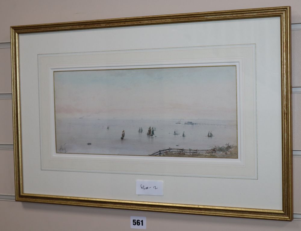 Albert Marks (1871-1941), watercolour, Extensive coastal view off Brighton including the Chain Pier, signed, 15 x 35cm